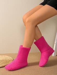 Botas de Cano Médio Forradas Termicamente em Tecido Boêmio de Cor Sólida para Mulheres, Uso Doméstico, Outono/Inverno, Pele, Festa