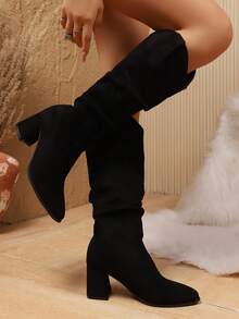 Women's Khaki Over-The-Knee Boots, 2025 Autumn/Winter New Arrival, Pointed Toe Faux Suede Pleated Slip-On Chunky Heel Tall Boots, Western Boots, Versatile For Commuting & Daily Wear, Plus Size - Black - View 9