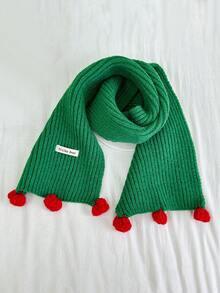 1pc Kids Christmas Pom Pom Ribbed Scarf, Minimalist Letter Print, Unisex Warm Neck Warmer For Autumn/Winter - A - View 6