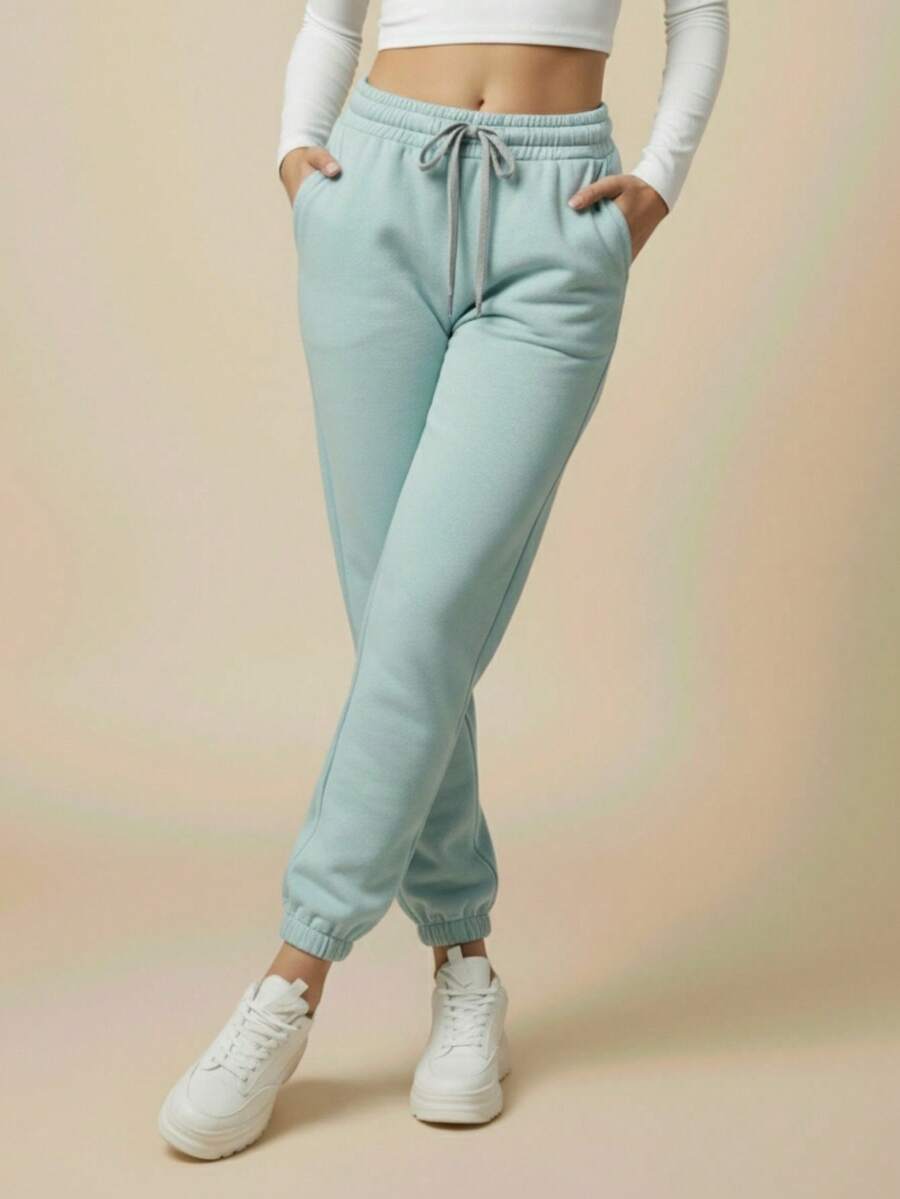 Women's Plush Jogger Sweatpants With Drawstring And Pocket | Winter Pants, Cold Weather Clothing, Comfortable, Warm, Casual, Thermal - 冰綠色 - 查看 1