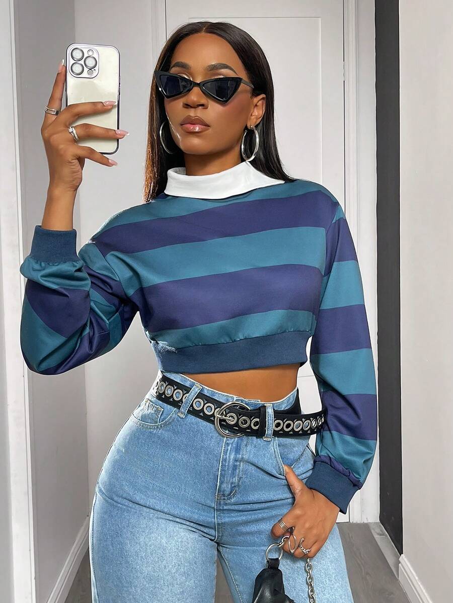 Women's Sexy Street Style Asymmetric Contrast Striped Collared Long Sleeve Cropped Sweatshirt, Autumn/Winter