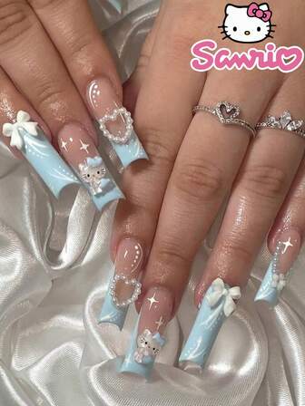  24pcs Long Square Nail Stickers Sanrio Blue French Hello Kitty Rhinestone 3D White Bow Flower Pearl Heart Rhinestone Nail Art Set, Suitable For Women Daily Wear, Party, Includes 1pc Jelly Glue And 1pc Pusher