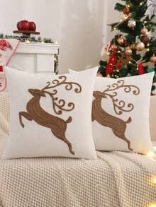 1pc/2pcs Christmas Decorative Pillow Cover, Christmas Reindeer Canvas Rope Embroidery, Winter Living Room Sofa Bedroom Holiday Gift - Khaki - View 9