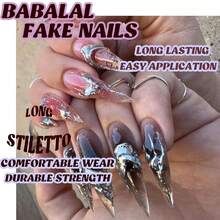 Stiletto Press On Nails Long Fake Nails Black Pink Ombre Glue On Nails 3d Ripple Sliver Chrome Y2k Acrylic Nails 24Pcs Goth Handmade Almond False Nails Manicure Full Cover Stick On Nails - 多色9 - 查看 7