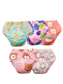 5 件婴儿可重复使用印花如厕训练裤，男孩和女孩婴儿如厕训练内裤，可水洗 - 粉紅熊愛心 - 查看 5