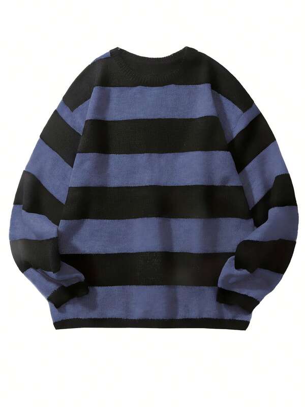 Conjunto de suéter listrado para jovens, estilo americano escuro, estilo BF, folgado, para outono/inverno