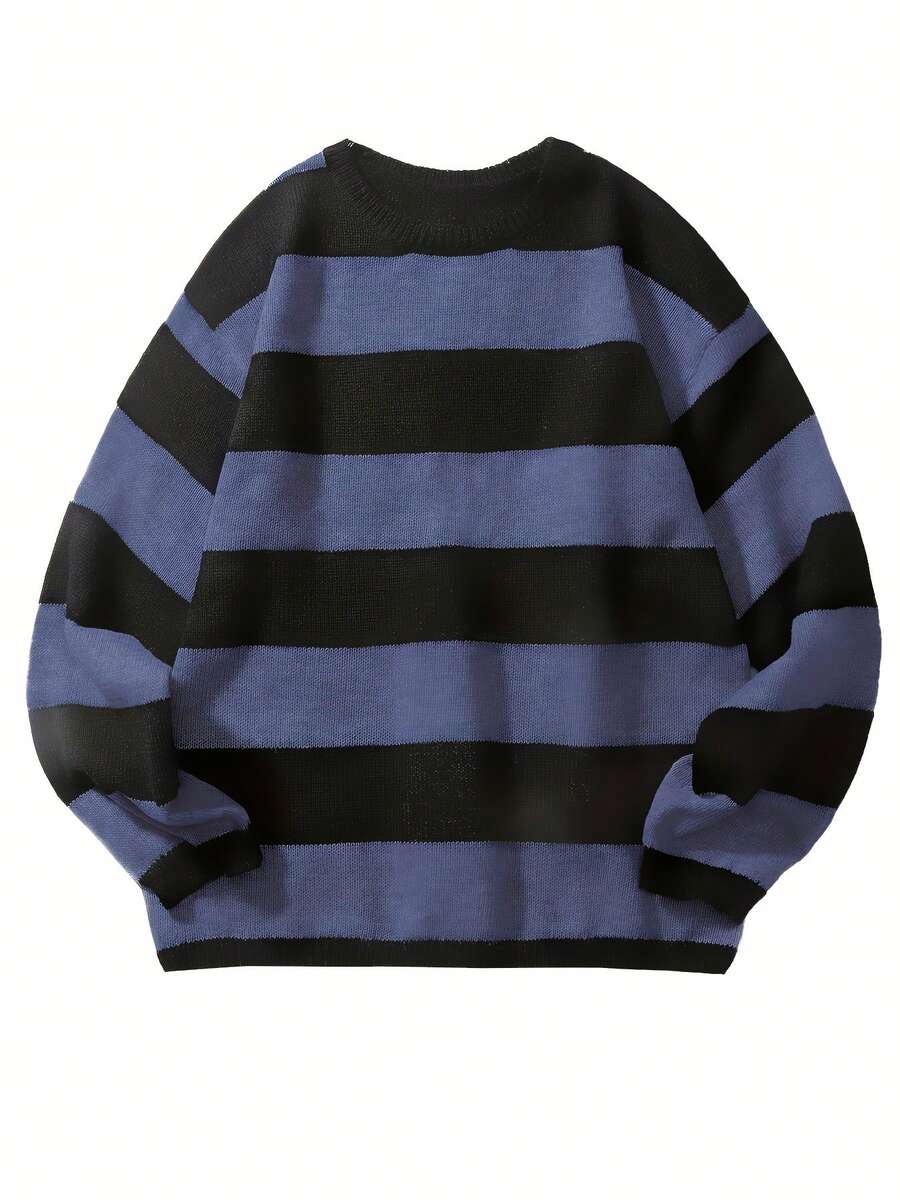 男士秋冬新款美式深色系宽松高中青年条纹毛衣，长袖上衣 - 淺藍色 - 查看 1