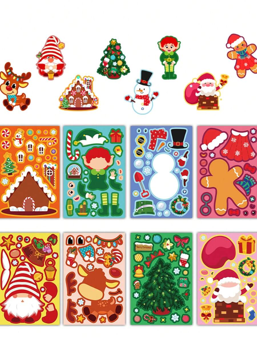 8 Piezas Juego de Pegatinas Navideñas - Papá Noel, Muñeco de Nieve, Reno, Árbol de Navidad, Pingüino, Calcomanías para Decorar, Pegatinas DIY para Fiesta Navideña, Relleno de Bolsas de Regalo y Juguetes
