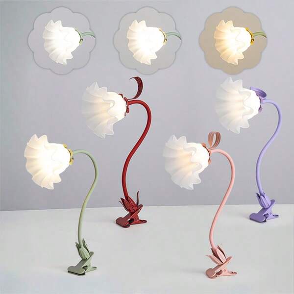 1 pezzo Lampada a fiore regolabile con base a molletta, 3 modalità di colore, lampada da notte, lampada da tavolo, lampada per soggiorno, lampada a fiori selvatici, lampada da comodino, lampada da camera da letto, lampada per decorazione domestica (Colori: verde, rosa, rosso, viola. Sorgente luminosa inclusa)