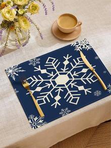 1 Stück/4 Stücke/6 Stücke/60 Stücke Weihnachts-Leinen-Tischsets, Leinen-Tischsets mit blauem Schneeflocken- & Buchstaben-Motiv, Winter-Weihnachts-Tischsets, Fröhliche Weihnachten, geeignet für Zuhause, Restaurant, Esszimmertisch Dekoration, Haushaltsartikel - Verschiedenfarbig - Übersicht 4