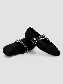 ADAMUMU Women's Fashion Square Toe Casual Party Office Round Buckle Decor Comfortable Flat Shoes - Black - View 3