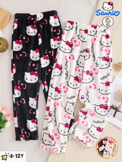 Sanrio Sanrio autorisierte Hello Kitty bedruckte weiß und schwarz Zweiteiler Schlafanzug-Hose, Herbst- und Winterstile, mit flauschiger dicker Hose, geeignet für Familien und Studentenwohnheime, ist das perfekte Geschenk für Töchter