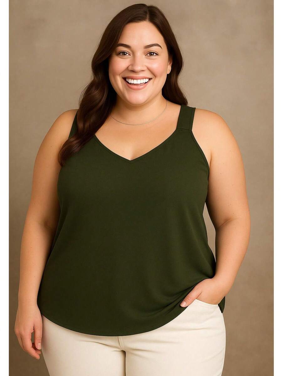 Women's Plus Size Blouse Wide Strap Tank Top Basic Crepe V1 Collar Tank Top Various Colors - xanh quân đội - Xem 1