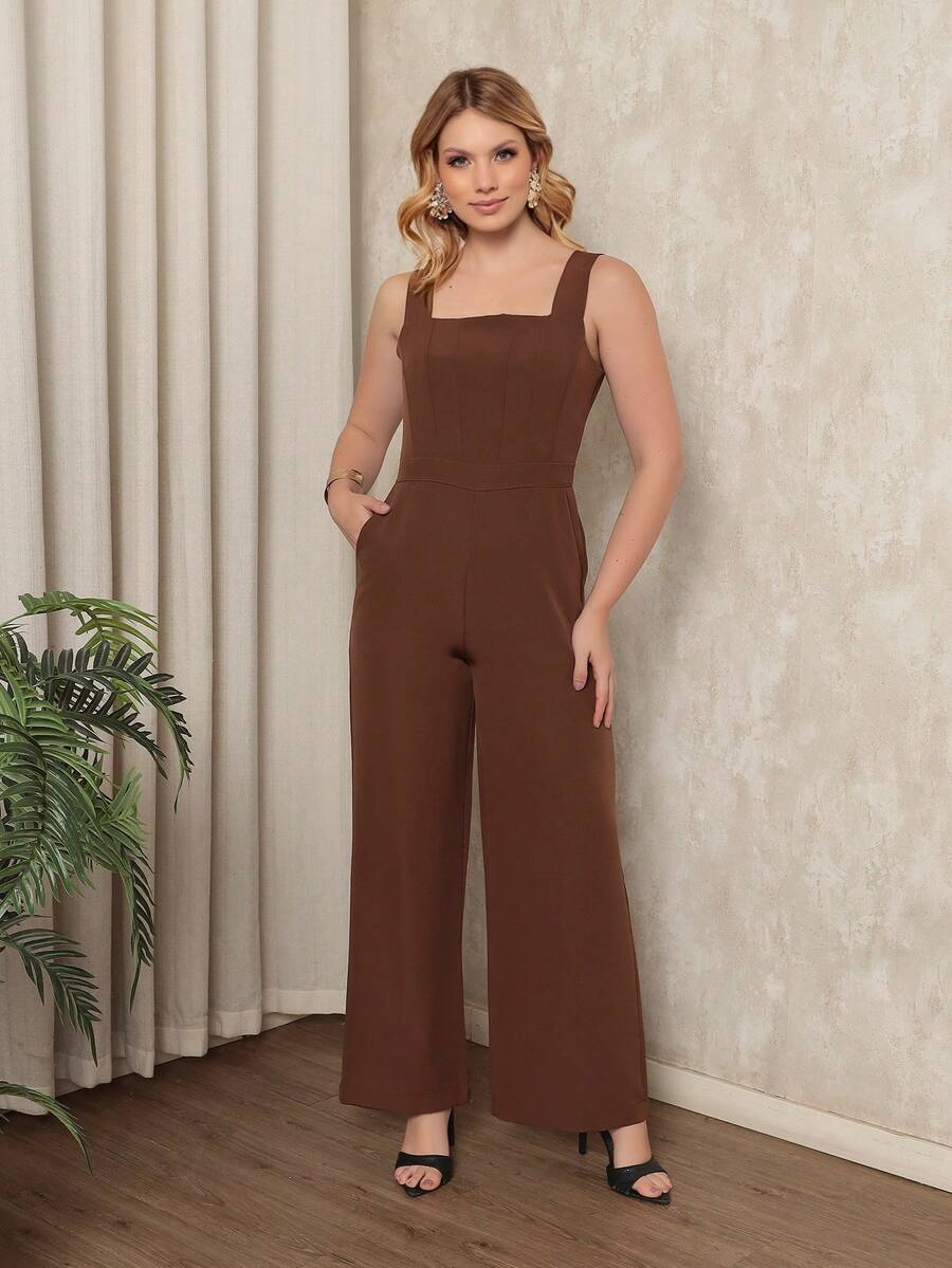 Casual Secretary Jumpsuit With Wide Straps And Side Pockets - Rỉ Nâu - Xem 1