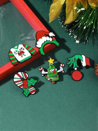 5件套时尚可爱圣诞主题珐琅胸针套装，圣诞树/圣诞帽/拐杖糖元素，适合派对、礼物、日常佩戴