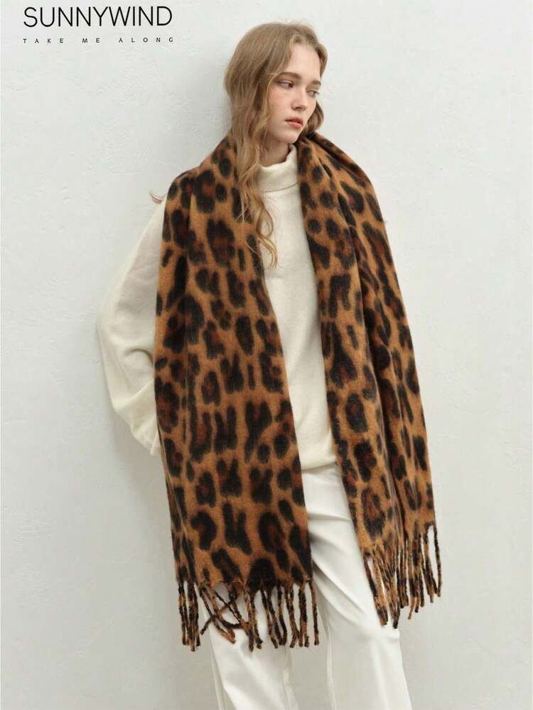 1 pieza Bufanda elegante y versátil de mujer con estampado de leopardo, adecuada para uso diario con vestidos - Café integral - Añade 2