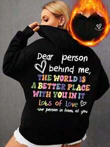 The World Is Better For You "Letter Printed Plus Size Sportswear Fall Tops Women, Women's Autumn And Winter Casual Plus Size Sweet And Gentle Temperament Slim Fit Long Sleeved Drawstring Hoodie, Suitable For Daily Wear,Fall Clothes Plus Size