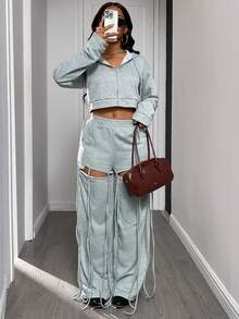 Women 2 Pieces Set Casual Hooded Long Sleeve Zip-Up Jacket And Flare Leg Ripped Fringe Decorated Pants With Pocket, Suitable For Autumn/Winter