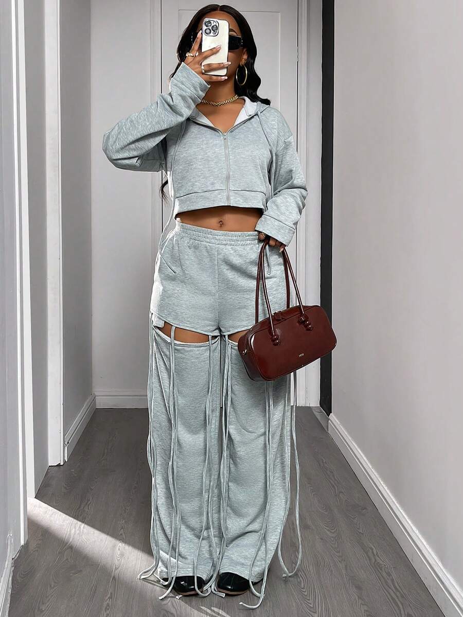 Women 2 Pieces Set Casual Hooded Long Sleeve Zip-Up Jacket And Flare Leg Ripped Fringe Decorated Pants With Pocket, Suitable For Autumn/Winter