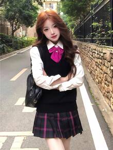 1 件日本女学生制服套装，温柔学姐 JK 服装套装，适合角色扮演、节日、派对、表演，包括衬衫 + 裙子 + 背心 - 彩色 - 查看 1