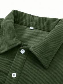 男士绿色灯芯绒翻领长袖 Polo 衫，宽松休闲套头衫，适合春秋季