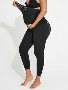 Maternity Supportive Knitted Solid Color Elastic Waist Casual Long Leggings, Black, With Expandable Abdomen - Black - View 6