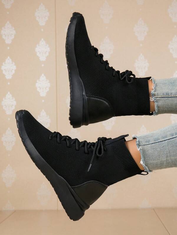 Botines casuales de puntera redonda negros para mujer, zapatos deportivos exteriores de punto elástico con sistema de cierre de un solo toque, transpirable para todas las estaciones, de caña alta