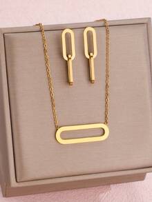 1set/2pcs Gold Color Stainless Steel Round Jewelry Set High Quanlity Pedant Necklace Earrings Set For Women - Gold - View 1