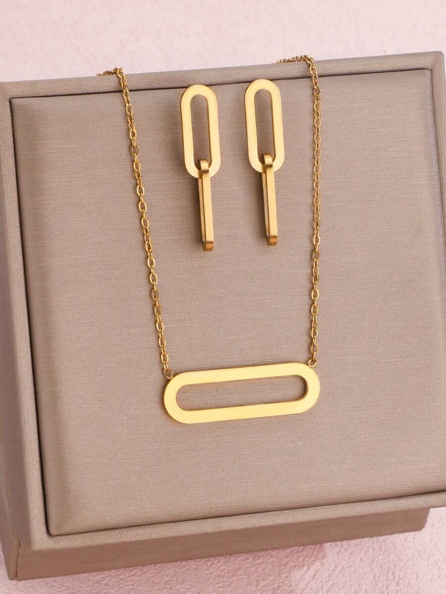 1set/2pcs Gold Color Stainless Steel Round Jewelry Set High Quanlity Pedant Necklace Earrings Set For Women - Gold - View 1