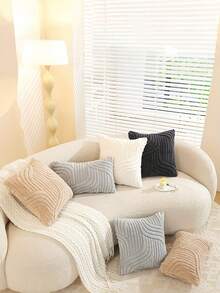 2er-Set Kunstfell Creme Weiß Kissenbezüge 45x45cm, weiches Karomuster dekorativer Boho Kissenbezug für Sofa, Couch, Bett, Wohnzimmer, Landhausstil, moderner Akzent - Schwarz - Übersicht 5