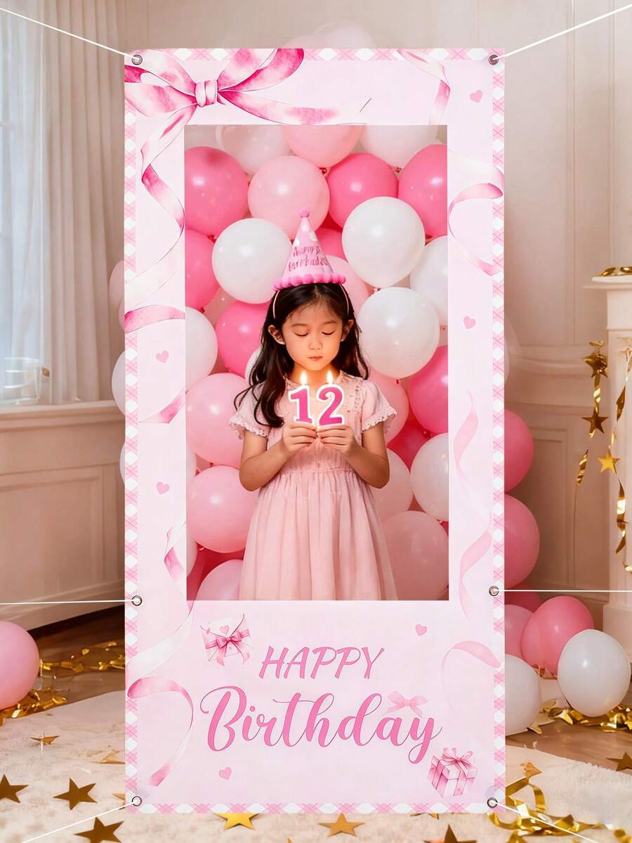 1pc Pink Bow Photo Frame, Girls Birthday Decor, Baby Shower Party Gift, Baby Shower Party Decoration, Baby Supplies, Happy Birthday Photo Prop, Party Photo Backdrop Banner, Pink Background Cloth, Pink Birthday Decor, Baby Shower Party Supplies, Bow Birthday Decor, Pink Bow Birthday Decor, Pink Bow Decor, Holiday Party Background Supplies - Multicolor - View 1