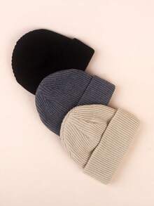 3pcs Kids Unisex Solid Color Knitted Warm Beanie Hats, Versatile For Autumn/Winter - Multicolor - View 4