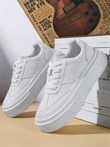 Teenagers' New Skateboard Shoes, Leather Upper With Lace-Up Design, Wear-Resistant Anti-Slip Thick Sole, Casual Skateboarding Shoes - White - View 7