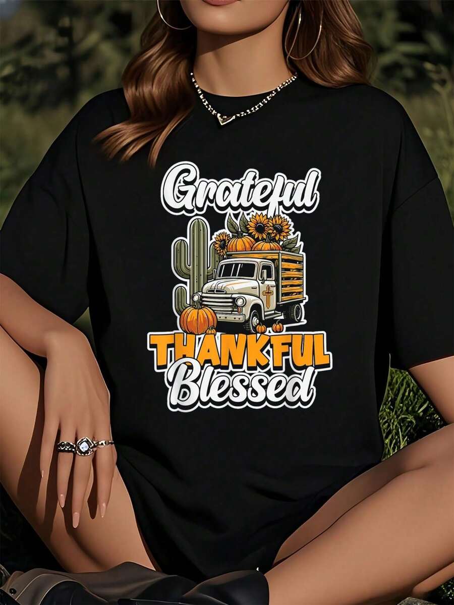 100% Algodón Unisex Camiseta de Acción de Gracias para Maestros Otoño Cosecha de Calabaza Gracias Camisetas Gráficas Elección de Damas Tops Cortos de Verano Conjuntos de Verano para Mujeres - Negro 4 - Ver 1