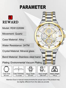 REWARD 男士石英腕表，商务时尚风格，计时日历，夜光指针，多功能男士腕表，高品质礼品，经典设计，不锈钢表带 - 銀間金 - 查看 9