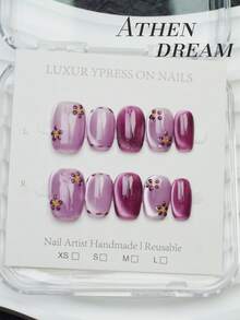 10pcs Handmade Nails Square Nails Press On Nails Short, Elegant Purple Nails, Flashy Cateye, Handpainted Polka Dot Flower, Simple Elegant Luxury Autumn Nails, Fall Press On Nails, Cute Aesthetic, Versatile Nails DIY False Nail Art Party Daily & Dating Use Beach Tropical Getaway Suitable Reusable, For Women & Girls As Gift Nail Supplies