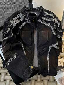 New American Style Niche Retro Tassel Fringed Shoulder Pad Motorcycle Jacket Jacket With Design Sense Short Top For Men - 黑色 - 查看 2