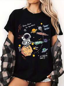 Women's Casual Short Sleeve T-Shirt - Astronaut & Space Planet Print, Black Round Neck Tee, Soft Stretch Fabric, Machine Washable, All-Season Comfort For Everyday & Vacation Wear, Spaceinspired Clothing, Cosmic Themed Apparel, Nontransparent Material - 黑色 - 查看 1
