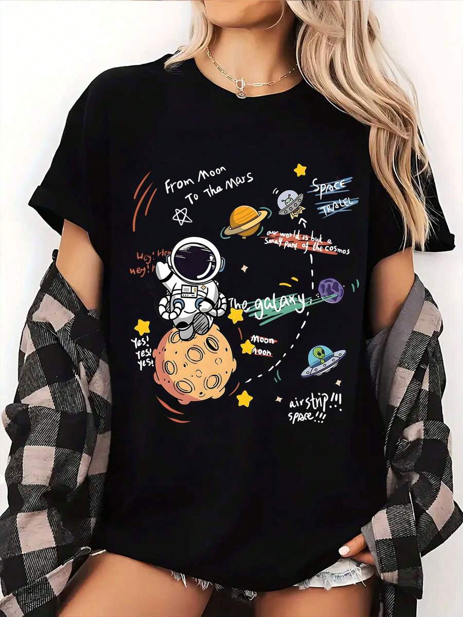 Women's Casual Short Sleeve T-Shirt - Astronaut & Space Planet Print, Black Round Neck Tee, Soft Stretch Fabric, Machine Washable, All-Season Comfort For Everyday & Vacation Wear, Spaceinspired Clothing, Cosmic Themed Apparel, Nontransparent Material - 黑色 - 查看 1