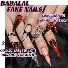 Stiletto Press On Nails Long Fake Nails Black Red Glue On Bow Charm Y2k 24Pcs Goth Acrylic False Nails Gothic Full Cover Stick On Almond Artificial Nails For Women Girls - Multicolor12 - 查看 7