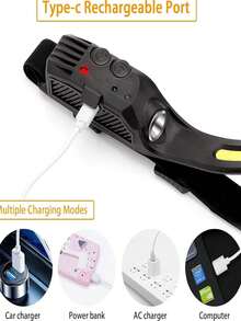 1 Lanterna de Cabeça Recarregável USB LED+COB, Lanterna de Cabeça com Sensor de Movimento, Adequada para Corrida, Pesca, Camping, Trilha, Luzes de Emergência