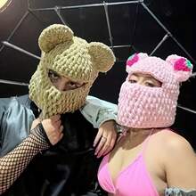 Ny stickad mössa med björnöron för kvinnor, stickad mössa med förtjockad ansiktsmask för vuxna, höst/vinter - A - Visa 4