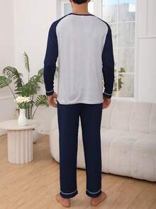 Men's Casual Sleepwear Set, Lightweight Round Neck Letter Print Long Sleeve Top And Pants, Comfortable And Relaxed Fit, Spring/Autumn