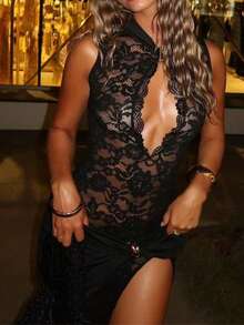 Vestido elegante y sexy con corte y encaje calado, vestido de fiesta elegante con abertura alta, vestido de noche formal, vestido de playa