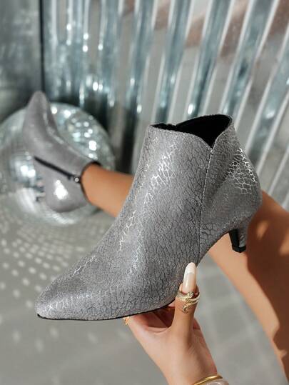 Women's Silver Short Boots, New Autumn Ins Style Minimalist Elegant Versatile Fashion Boots, Pointed Toe Kitten Heel Side Zipper Ankle Boots, Fabric Short Shaft Boots