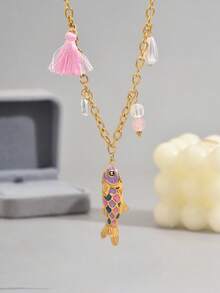 1pc 18K Gold Plated Minimalist Colorful Enamel Small Fish Pendant Stainless Steel Necklace, Suitable For Women's Daily Wear And Gift