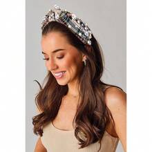 Pearl Knotted Headband For Women White Pearl Rhinestone Crystal Jeweled Hairband Fashion Elegant Ladies Wide Bride Headpieces Boho Bachelorette Party Hair Accessories (Plaid Knot Hairband A) - 格子結髮帶A - 查看 4