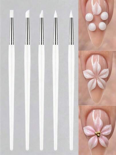 5/3 pièces Set de pinceaux pour nail art avec têtes en silicone, pour la sculpture acrylique, la gravure d'art pour ongles, l'embossage, les outils de sculpture creuse, le nail art 3D, le pinceau à ongles DIY, le stylo à points pour ongles, le pinceau à ongles, les outils d'art pour ongles