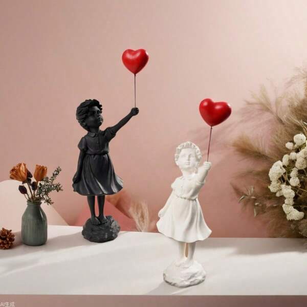 1 Piece Of Love Balloon Girl Statue Ornament, Resin Christmas Desktop Decoration Table, Shelf Decoration, Wedding Party Gift Statue Ornament.