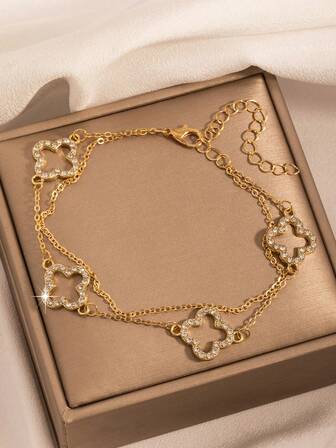 1 件时尚经典奢华幸运四叶草手链女士，嵌入式锆石四叶花双层手链